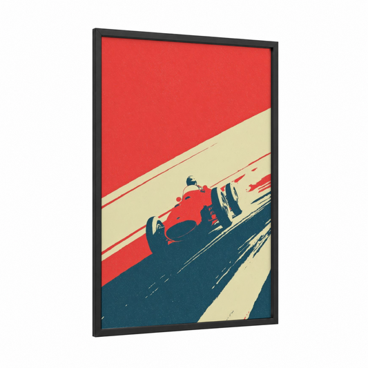 Crimson Speedway framed auto racing print — black wood frame — red and cream palette