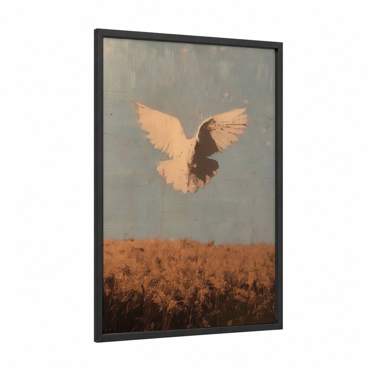 Golden Dove Ascending framed art print — black wood frame — gold and gray palette