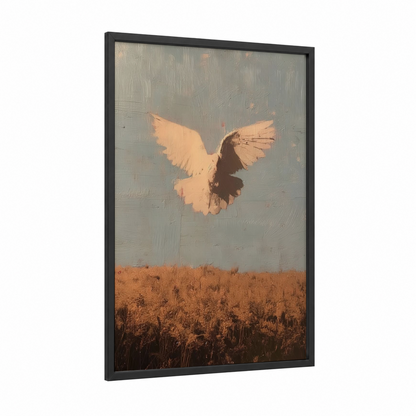 Golden Dove Ascending framed art print — black wood frame — gold and gray palette