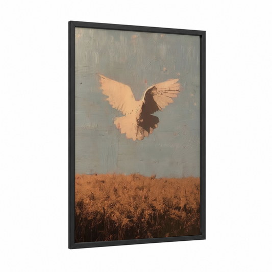 Golden Dove Ascending framed art print — black wood frame — gold and gray palette