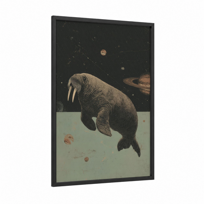 Cosmic Walrus framed art print — black wood frame — black and sage green palette