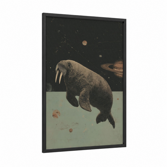 Cosmic Walrus framed art print — black wood frame — black and sage green palette
