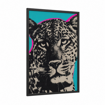 Neon Leopard framed art print — black wood frame — turquoise and magenta palette