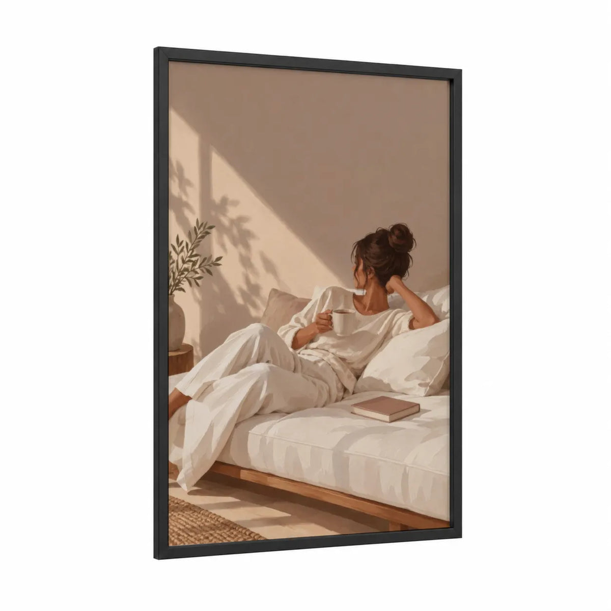 Serene Morning Reading Moment Wall Art framed art print — black wood frame — beige and cream palette
