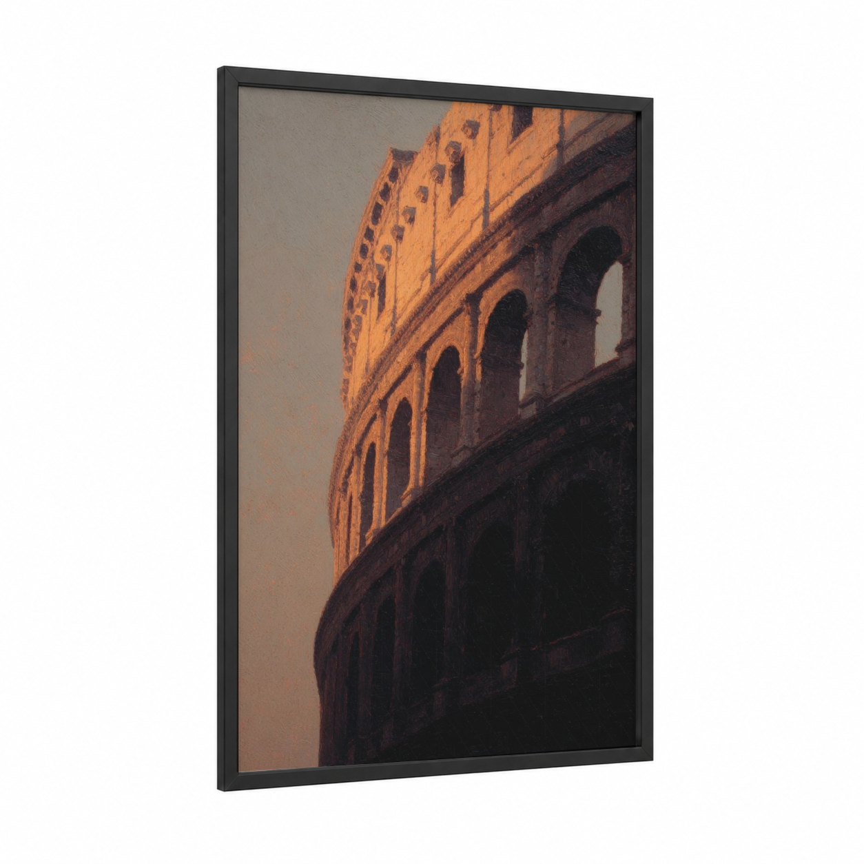 Golden Colosseum framed art print — black wood frame — gold and russet palette
