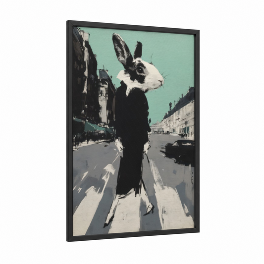 Urban Rabbit framed art print — black wood frame — turquoise and black and white palette