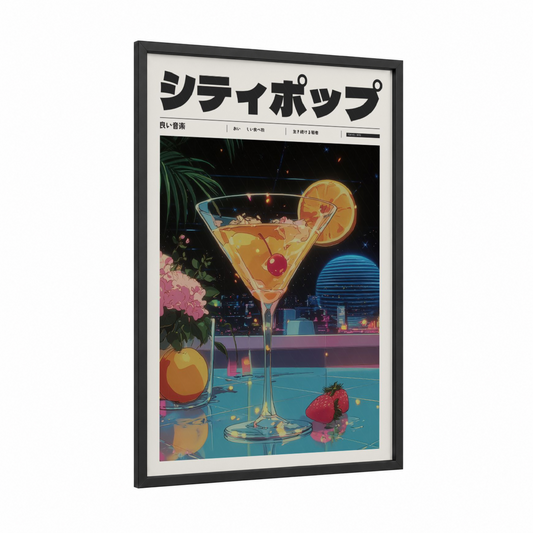 Neon Cocktail Night framed anime and manga print — black wood frame — gold and blue palette