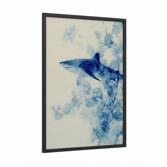 Deep Blue Shark framed art print — black wood frame — blue and cream palette