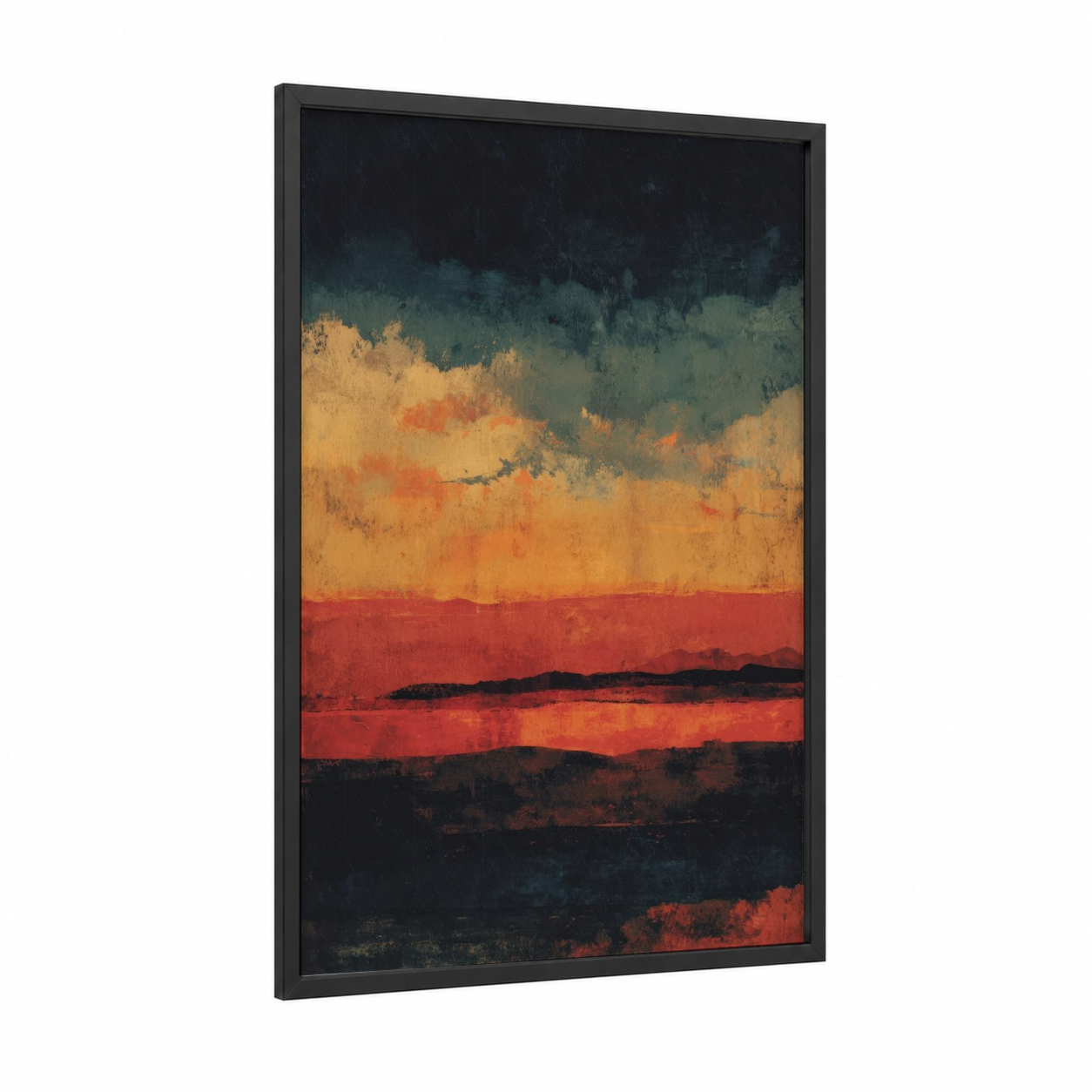 Crimson Horizon Sunset framed art print — black wood frame — orange and red palette