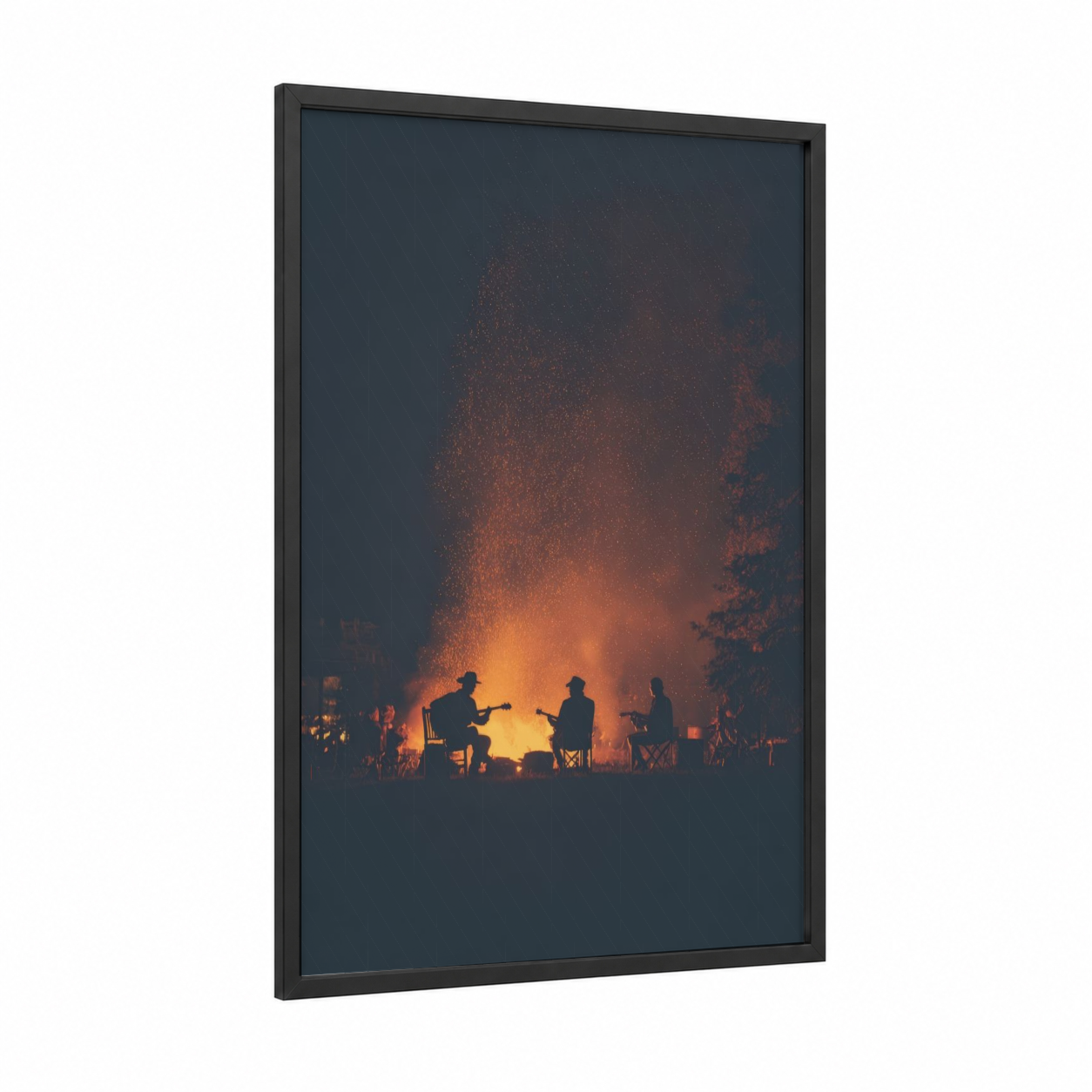 Campfire Country framed art print — black wood frame — orange and black palette