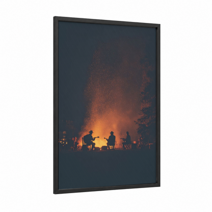 Campfire Country framed art print — black wood frame — orange and black palette