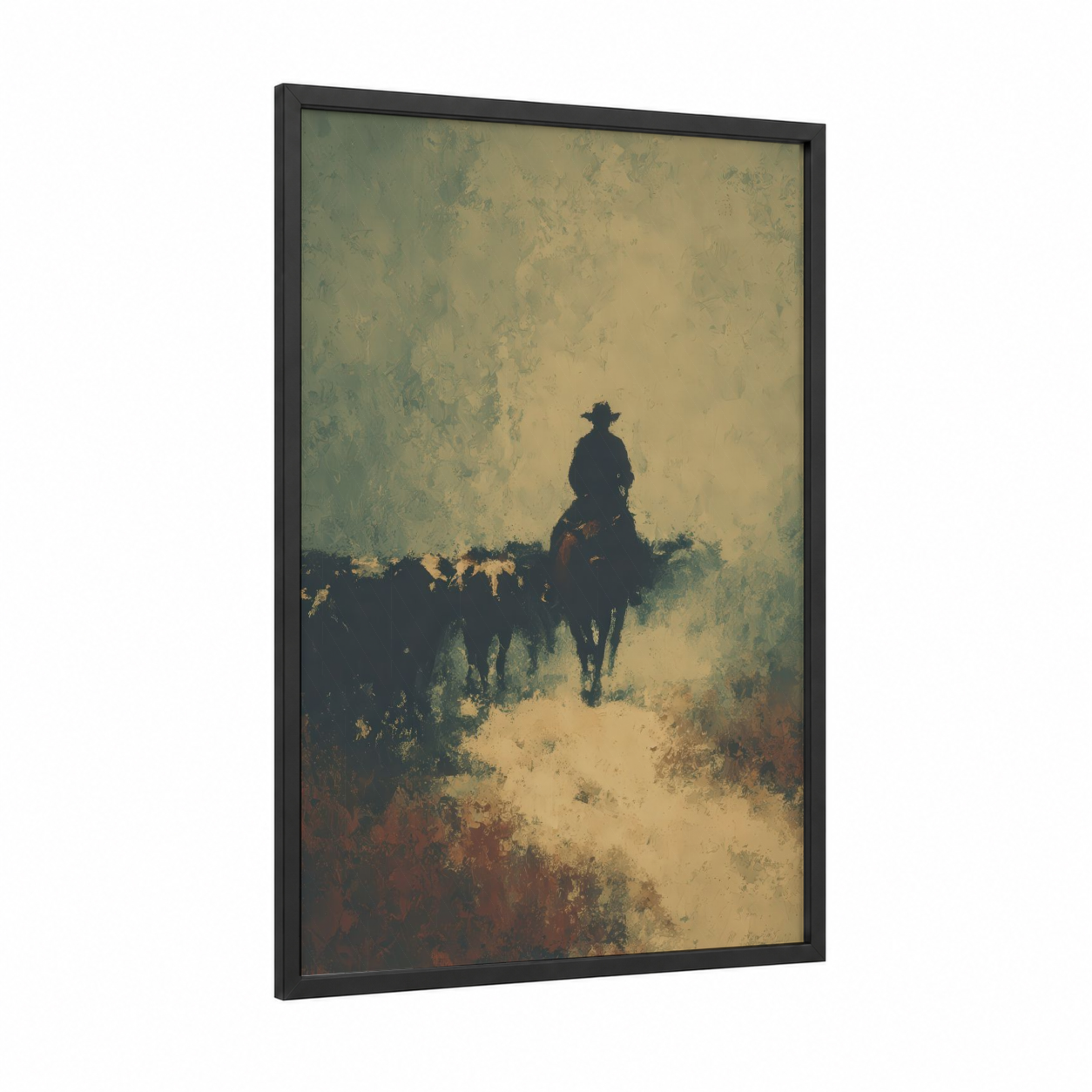 Desert Herder framed horseback print — black wood frame — gold and black palette