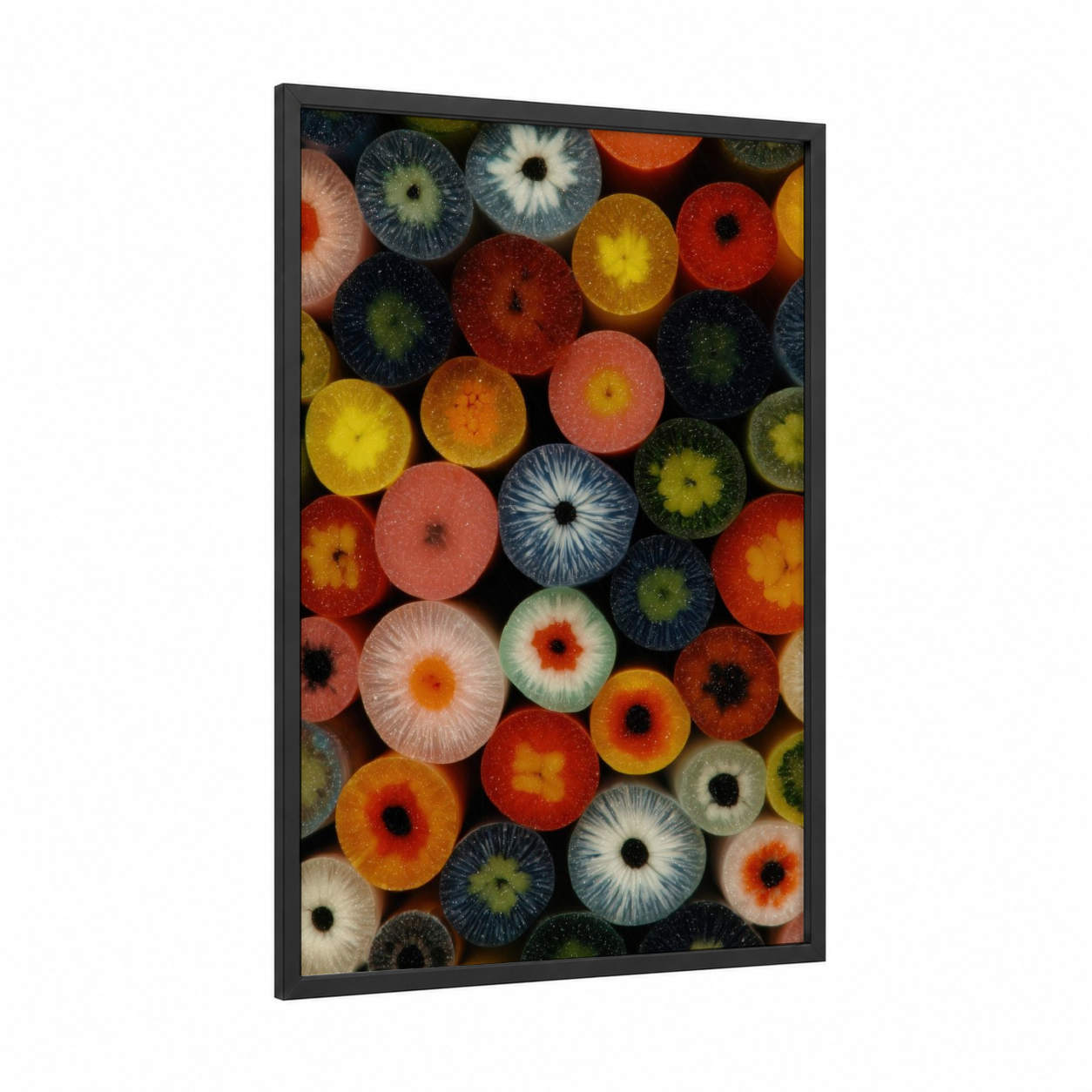 Colorful Glass Spheres framed glassworking print — black wood frame — blue and red palette