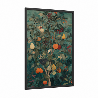 Autumn Fruit Tree framed fruit trees print — black wood frame — teal and orange palette