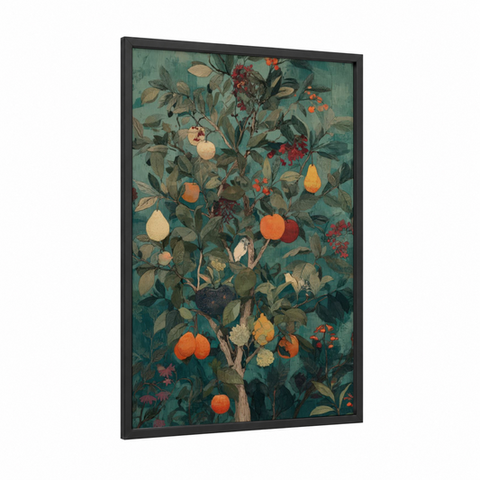 Autumn Fruit Tree framed fruit trees print — black wood frame — teal and orange palette