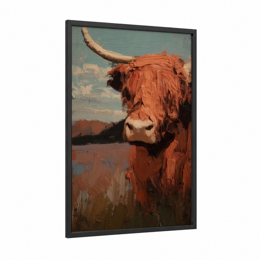 Highland Majesty framed highland cow print — black wood frame — russet and blue and white palette