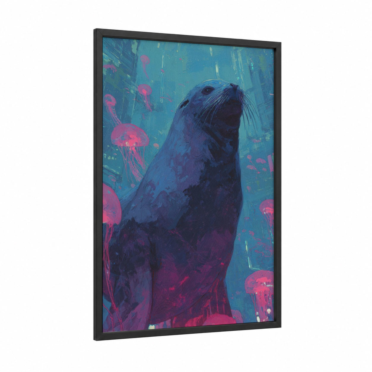 Neon Sea Lion framed art print — black wood frame — teal and magenta palette