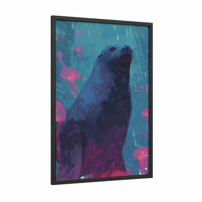Neon Sea Lion framed art print — black wood frame — teal and magenta palette