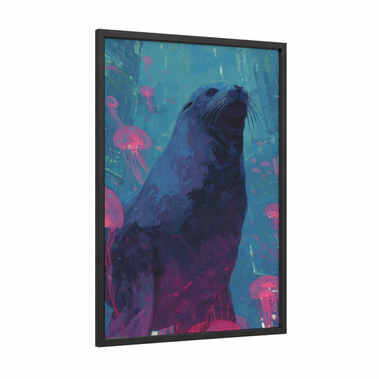 Neon Sea Lion framed art print — black wood frame — teal and magenta palette