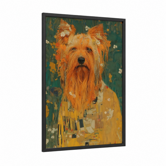 Whiskered Terrier Portrait framed art print — black wood frame — gold and dark green palette