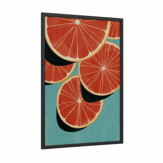 Grapefruit Slices framed art print — black wood frame — red and teal palette