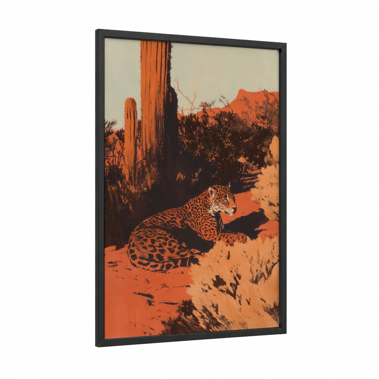 Desert Jaguar framed art print — black wood frame — pumpkin and black palette