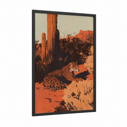 Desert Jaguar framed art print — black wood frame — pumpkin and black palette