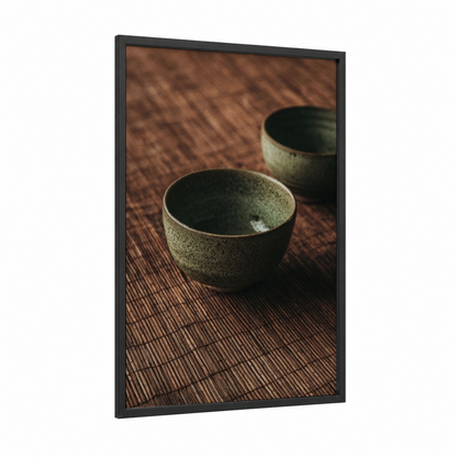 Zen Pottery Pair framed art print — black wood frame — sage green and brown palette