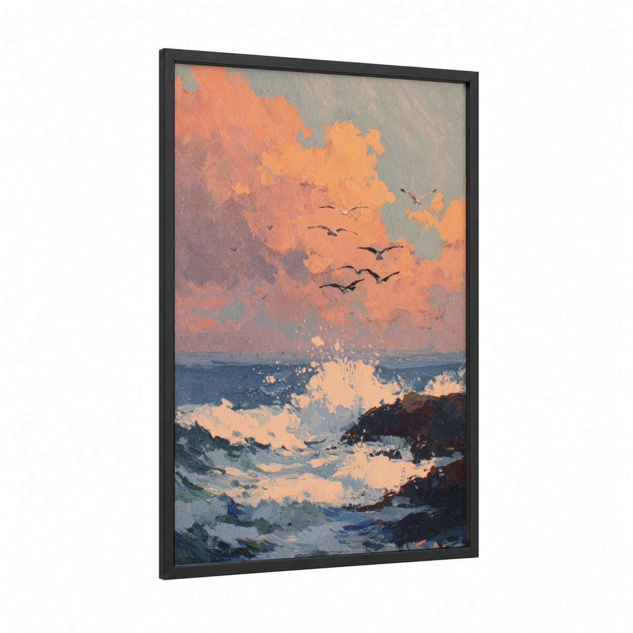 Coastal Morning framed morning sky print — black wood frame — peach and blue palette