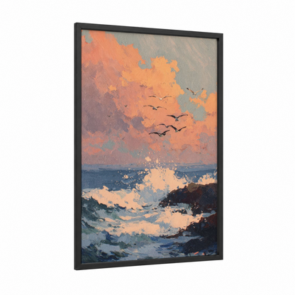 Coastal Morning framed morning sky print — black wood frame — peach and blue palette