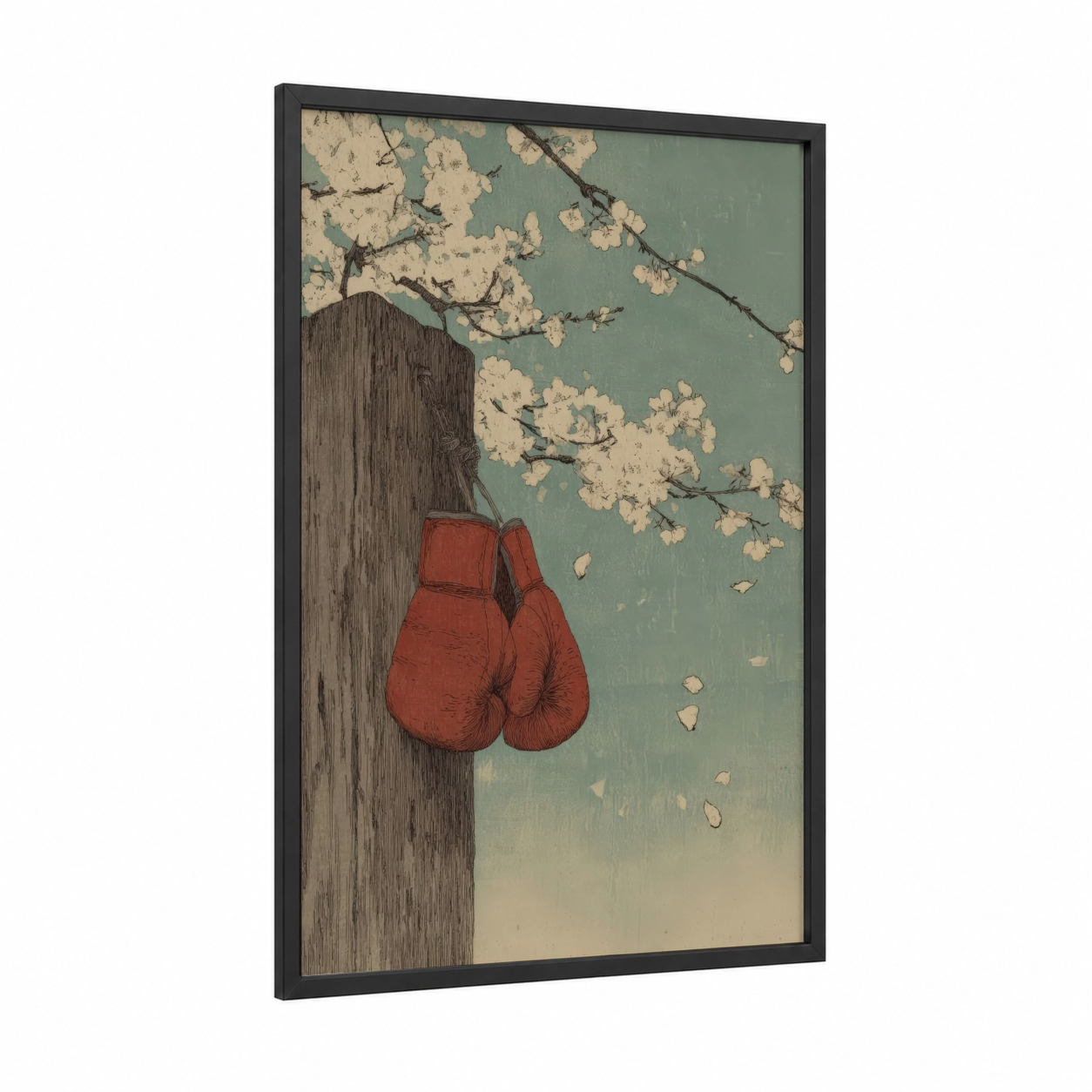 Blooming Boxing framed art print — black wood frame — teal and cream palette