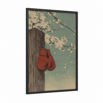 Blooming Boxing framed art print — black wood frame — teal and cream palette