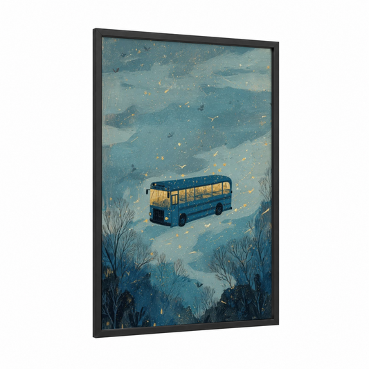 Snowy Bus Journey framed art print — black wood frame — blue and gold and white palette