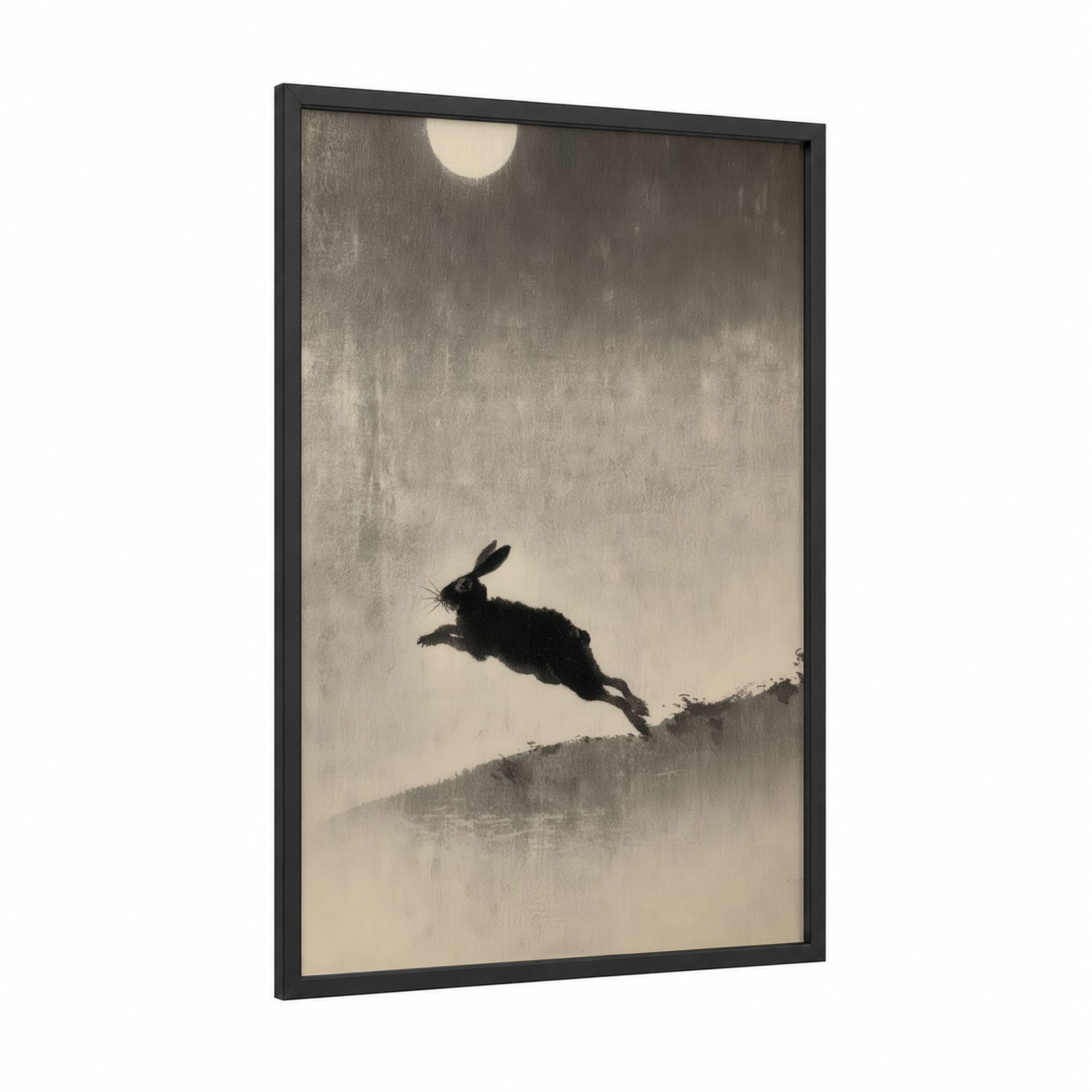 Moonlit Rabbit Leap framed art print — black wood frame — black and white and cream palette