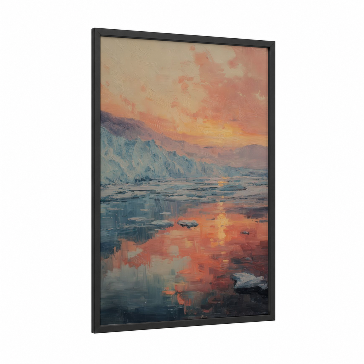 Glacial Sunrise framed glacier print — black wood frame — gold and blue and gold palette