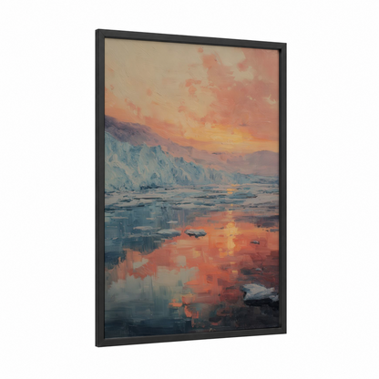 Glacial Sunrise framed glacier print — black wood frame — gold and blue and gold palette