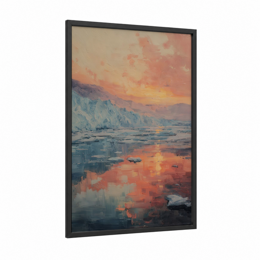 Glacial Sunrise framed glacier print — black wood frame — gold and blue and gold palette