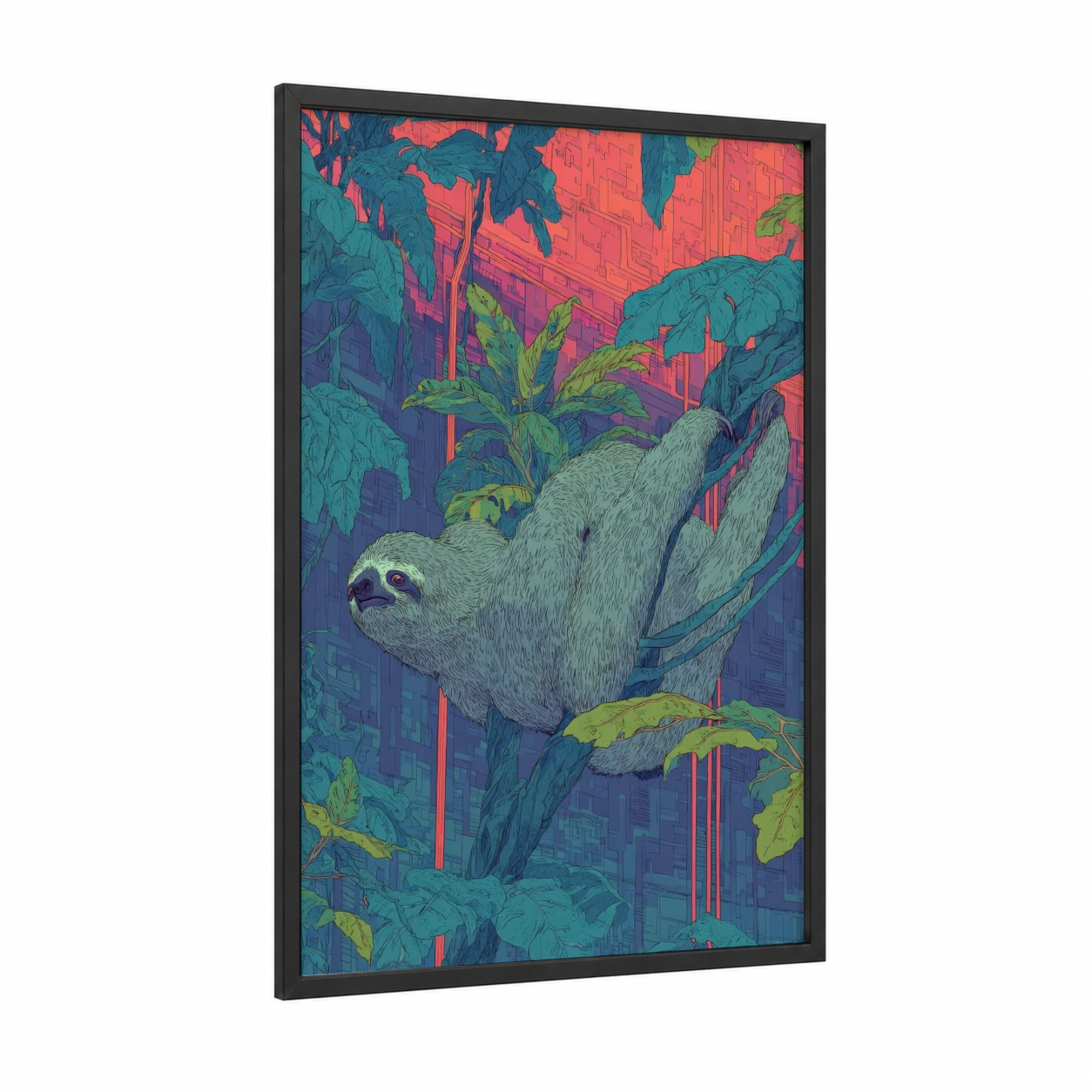 Urban Sloth framed art print — black wood frame — blue and red palette