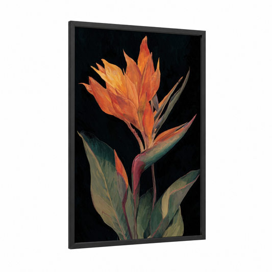Vibrant Bird Paradise framed birds of paradise print — black wood frame — orange and dark green palette