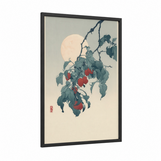 Moonlit Pomegranates framed banyan tree print — black wood frame — teal and cream palette
