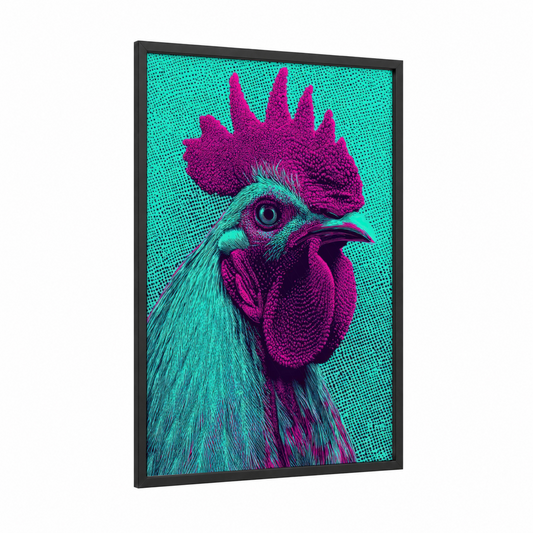 Magenta Rooster Pop framed chicken and roosters print — black wood frame — magenta and turquoise palette