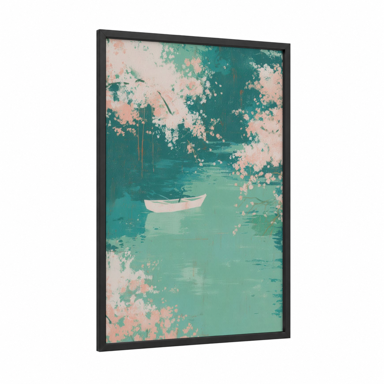 Serene Kayak framed canoeing and kayaking print — black wood frame — teal and salmon pink palette