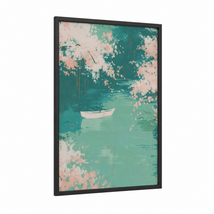 Serene Kayak framed canoeing and kayaking print — black wood frame — teal and salmon pink palette