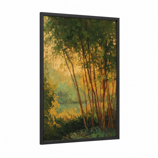 Golden Bamboo Grove framed art print — black wood frame — yellow gold and green palette