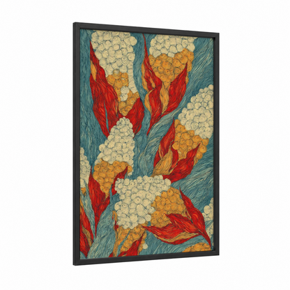 Crimson Popcorn Blooms framed art print — black wood frame — teal and red palette