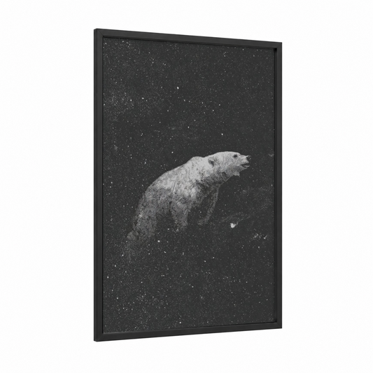Cosmic Grizzly framed grizzly bear print — black wood frame — black and white palette