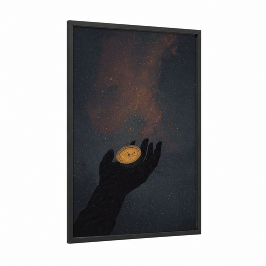 Cosmic Compass framed art print — black wood frame — gold and black palette