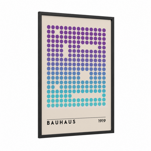Bauhaus Gradient framed abstract geometric print — black wood frame — purple and teal palette