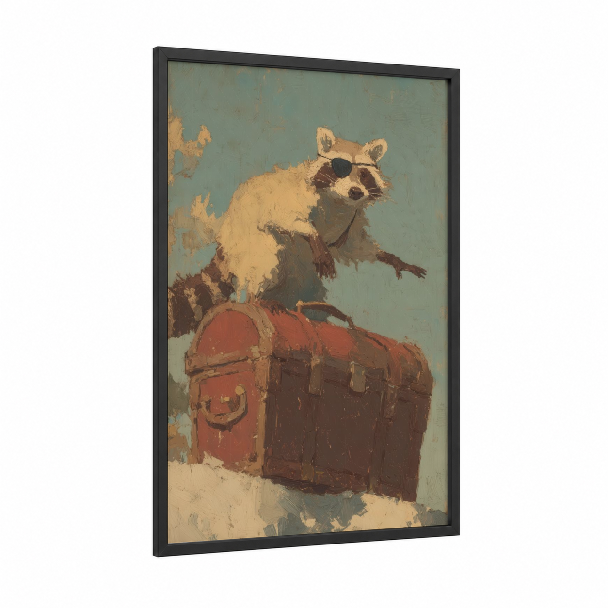 Adventurous Raccoon framed art print — black wood frame — cream and sage green palette