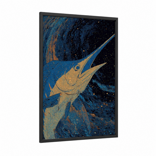Golden Sailfish framed art print — black wood frame — blue and gold palette